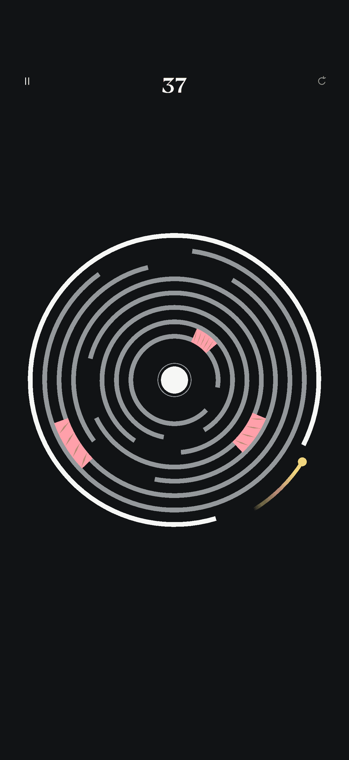 Core Shift on level 37: concentric rings around the core, the sphere circling the outer track
